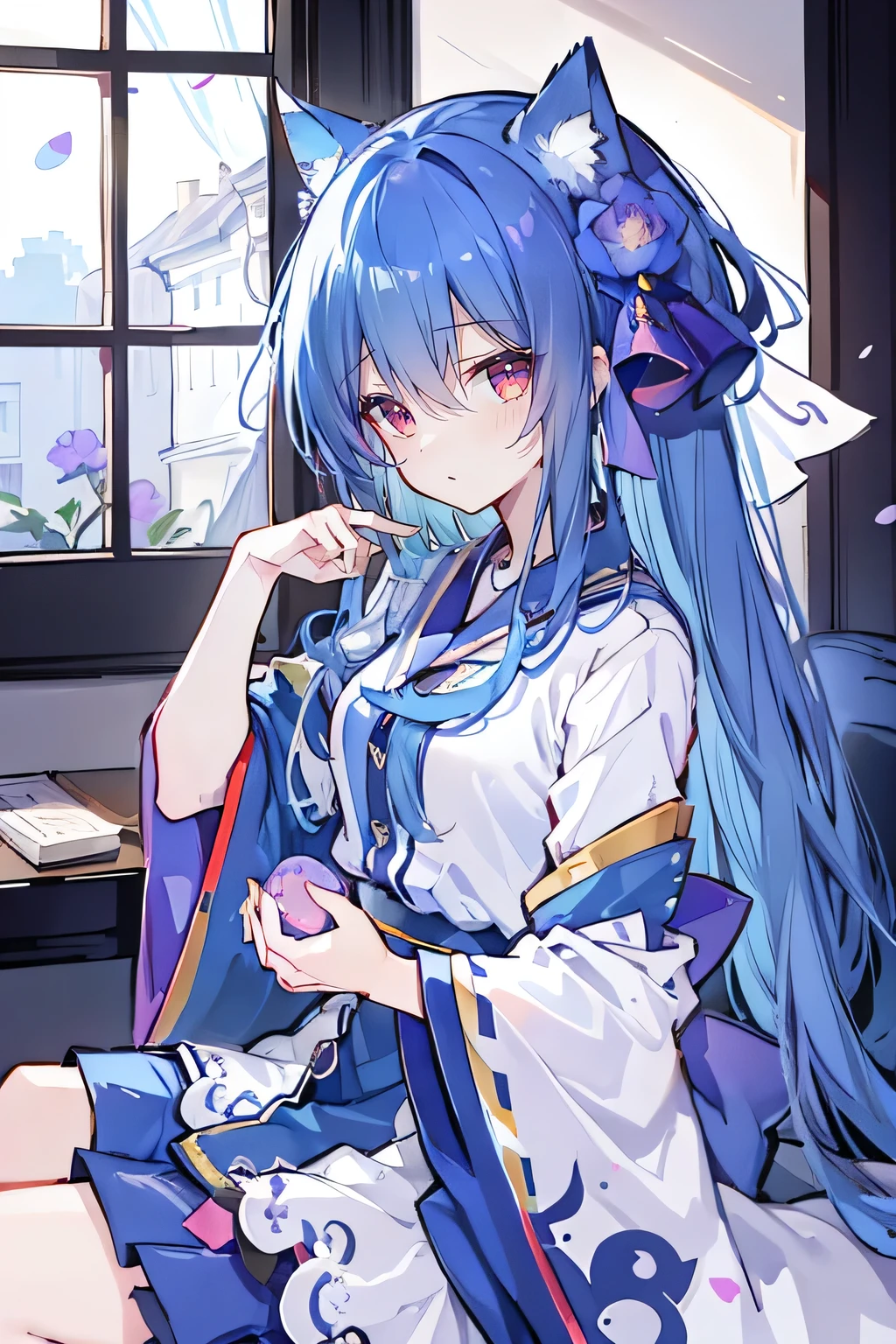 (Masterpiece:1.2),Ultra-detailed,lifelike,The eyes are expressive,Fair skin,Perfect face shape,1 girl,Japanese Manga,Gorgeous blue hair,Flowing blue hair,Flowing clothes,Cat ears,Petals falling,Shy face,sitting on window,Place your hand on your lips.,(sportswear)。