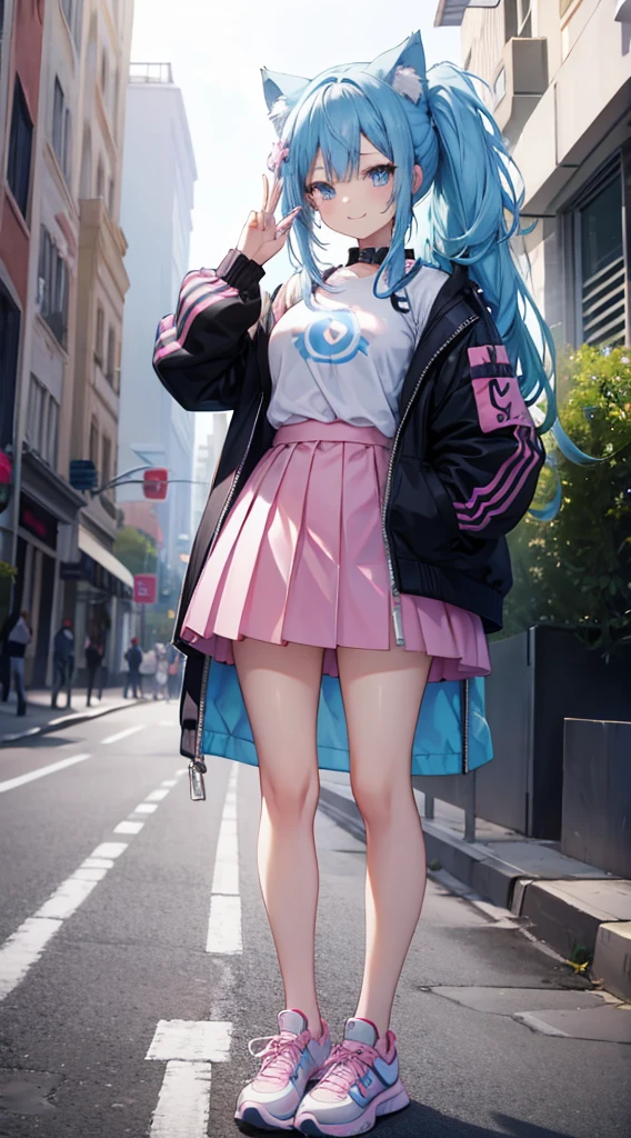 A girl with long blue hair that turns pink at the bottom, cat ears, two different eyes, one pink and the other blue, wearing a light blue shirt that shows her breasts a little, a dark blue short skirt, and white Nike shoes,  stands on the sidewalk among a few peoples, She smiles, looks at the viewer, and makes the peace symbol with her fingers