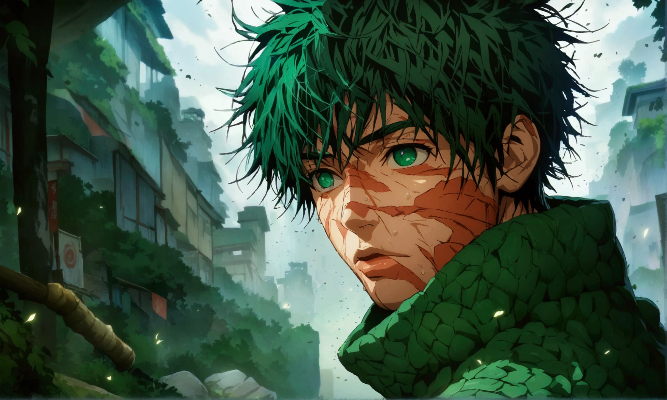 Man, strong and muscular body, short green hair, green eyes, scarred body, dark green coat, Naruto-inspired background, "Anime character design inspired by Naruto, full of dramatic and impressive lighting, focus on the centralized character, impressive face, full of creative details, ultra-fine 2D design, scenery bathed in creativity, boasting 2D anime resolution clarity, HD anime graphics, high-octane rendering"