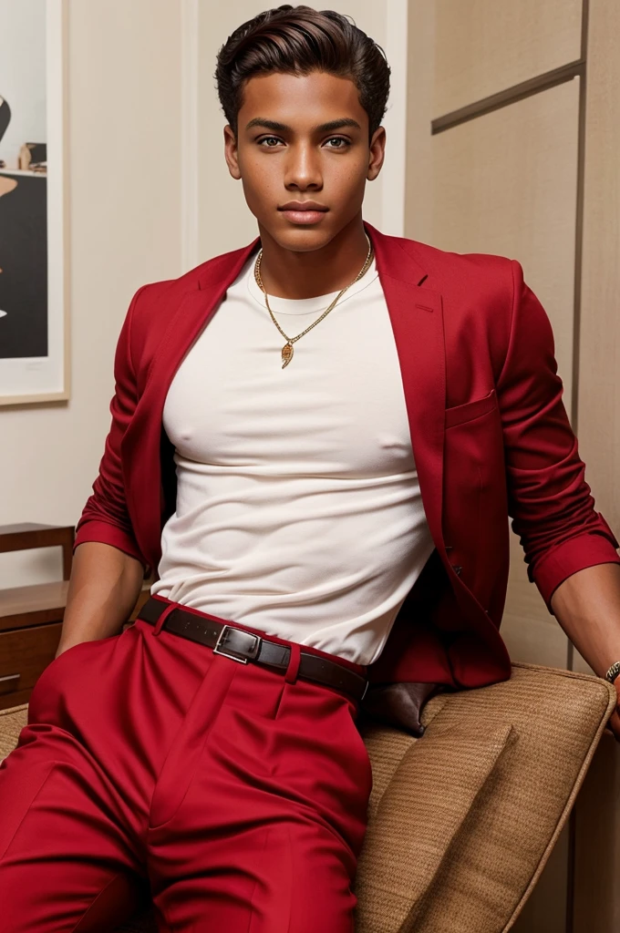 Portrait of a fancy age male, , and tan skin, have a fancy and modern design of clothes, Red, brown skin, giving a Marilyn Monroe Vibe, Sedductive beautiful male