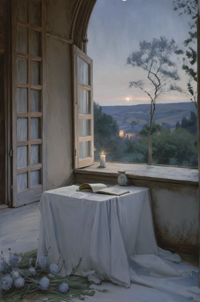 Design a book back cover that evokes a sense of mystery and introspection, set against the backdrop of a medieval European castle. The scene is focused on a large, arched window with stone framing, through which a starry night sky is visible. The window overlooks a dark forest at the edge of the castle grounds, with the faint outline of trees under the moonlight. Below the window, an old wooden table is visible, with an open, ancient book lying on it, its pages slightly fluttering as if a breeze has passed. A single blue thistle flower rests beside the book, adding a subtle touch of color. The atmosphere is quiet and contemplative, with the soft glow of the moon casting gentle shadows across the scene. The book’s synopsis is placed above or below the window, with a clear, elegant font that matches the medieval theme. The overall color scheme uses deep blues, grays, and hints of silver, to maintain the mysterious and somber mood.