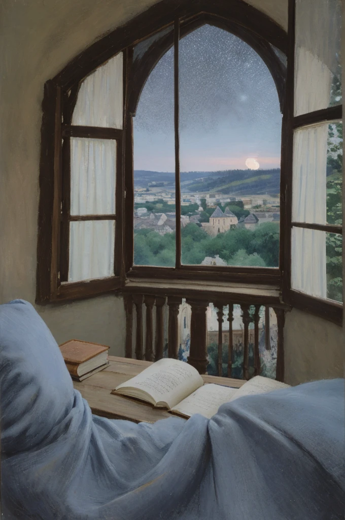 Design a book back cover that evokes a sense of mystery and introspection, set against the backdrop of a medieval European castle. The scene is focused on a large, arched window with stone framing, through which a starry night sky is visible. The window overlooks a dark forest at the edge of the castle grounds, with the faint outline of trees under the moonlight. Below the window, an old wooden table is visible, with an open, ancient book lying on it, its pages slightly fluttering as if a breeze has passed. A single blue thistle flower rests beside the book, adding a subtle touch of color. The atmosphere is quiet and contemplative, with the soft glow of the moon casting gentle shadows across the scene. The book’s synopsis is placed above or below the window, with a clear, elegant font that matches the medieval theme. The overall color scheme uses deep blues, grays, and hints of silver, to maintain the mysterious and somber mood.