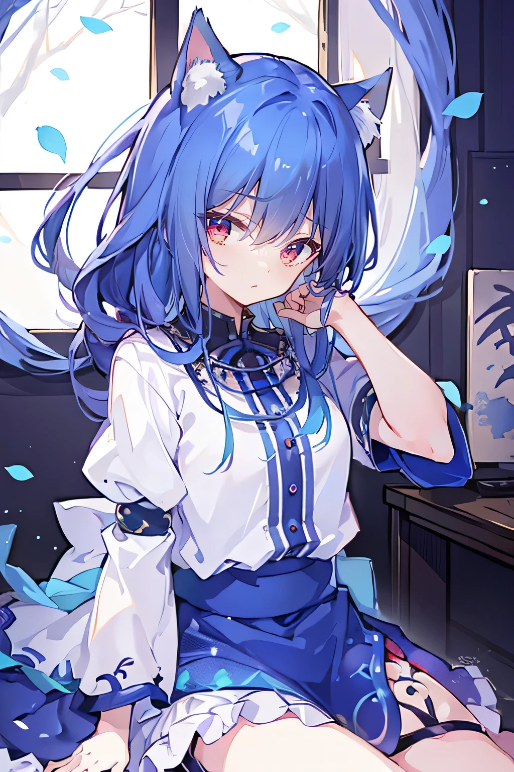 (Masterpiece:1.2),Ultra-detailed,lifelike,The eyes are expressive,Fair skin,Perfect face shape,1 girl,Japanese Manga,Gorgeous blue hair,Flowing blue hair,Flowing clothes,Cat ears,Petals falling,Shy face,sitting on window,Place your hand on your lips.,(sportswear)。
