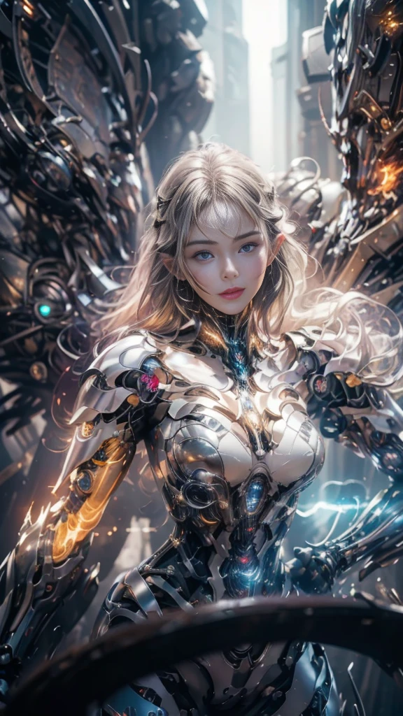 Top Quality、masterpiece、超High Resolution A、(Photorealcitic:1.4)、Raw foto、White porcelain body、white haired、wlop glossy skin、1 Cyborg Girl、((ultra-realistic detail))、portlate、Global Illumination、shadowy、octan render、8K、UltraSharp、Character edge light, large full breasts、Raw skin is exposed to the valley、Detail of Intricate Ornaments、Transparent part、Detailed hydraulic cylinders from Sumer、Compact LED lamps、highly intricate details、Realistic light、Purple eyes、luminous eyes、Facing the camera、neon details、cowboy shots, About Cyberpunk、Female elves, Beautiful waist, navels, big size ass, Exposed metal skeleton, (random pose、dynamicposes,:1.2)