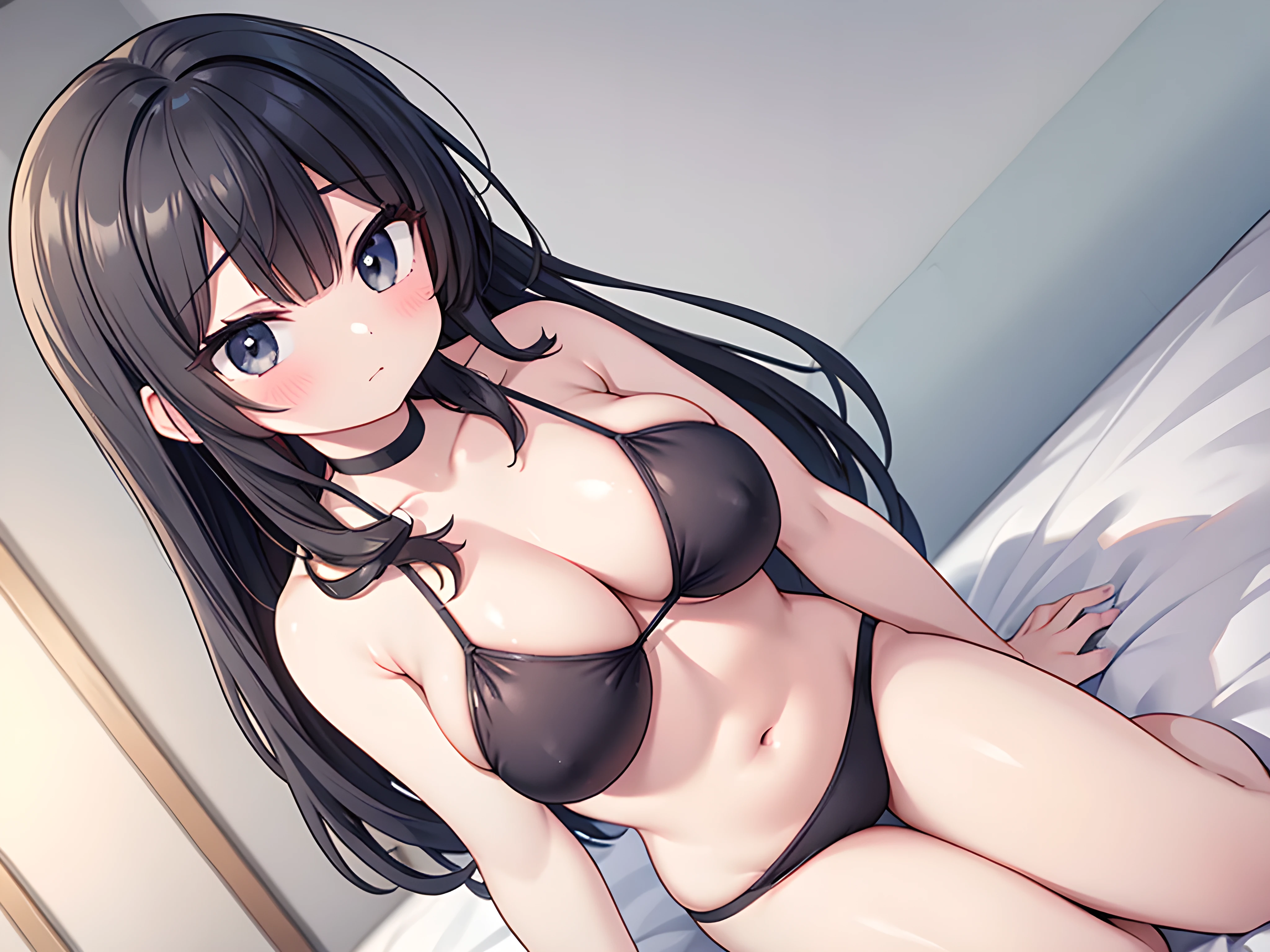(super fine illustration,8K CG wallpaper,best quality,extremely detailed,ultra high res,best aesthetic),(upper body,chest focus,from above),(1 girl,age,beautiful girl,cute girl),(detailed beautiful face,beautiful black eyes,beautiful black hair),(blush),((saggy breast,perfectly shaped areola)),(micro bikini),((expose breast,breast out)),(sitting on bed,arms behind back),(bedroom)