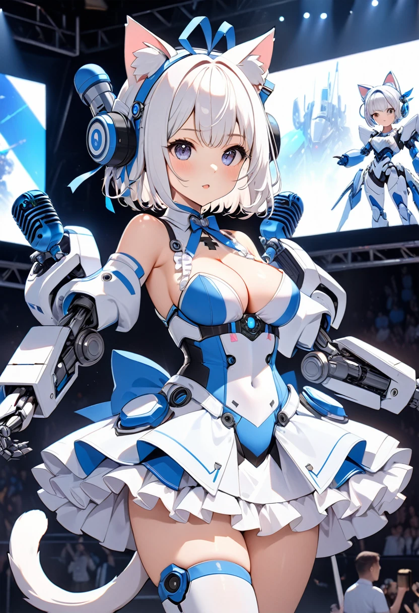 A cute girl with White short hair wearing a Blue and white robot-like barrette, Cute cat ears growing on her head, The inside of the ears are slightly pink.A cross-shaped string tied around the front of the hair,A cute cat's tail grows.blue and white mechanical idol costume with frills, slightly larger machine-made breasts creating cleavage, exposed mechanical limbs, dynamic poses with a microphone in one hand, exciting the arena, a futuristic live stage background with monitors and cheering audience, Detailed mecha representation, high quality, (masterpiece, best quality, 4k, 8k:1.5), ultra-detailed, ultra-fine painting, dramatic lighting, physically-based rendering, vivid colors, professional photography