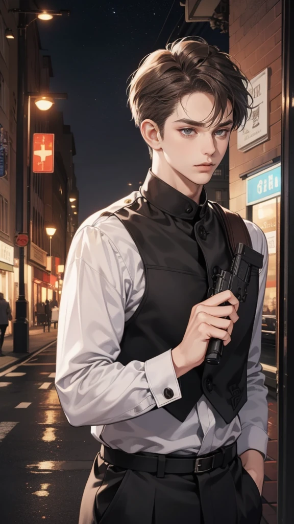 masterpiece, best quality, Practical, 1 person, Mature male, A quiet and charming young man, 25 years old, Close your eyes, just woke up, Extremely detailed face, ((Dark grey eyes)), ((Right-Swept Dark Brown Short Hair)), [Thick eyebrows], detective, City, White top,black， black头盔，Movie Lighting, She has a gun in her hand, Posture dynamics,Eyes on the audience，On the main road