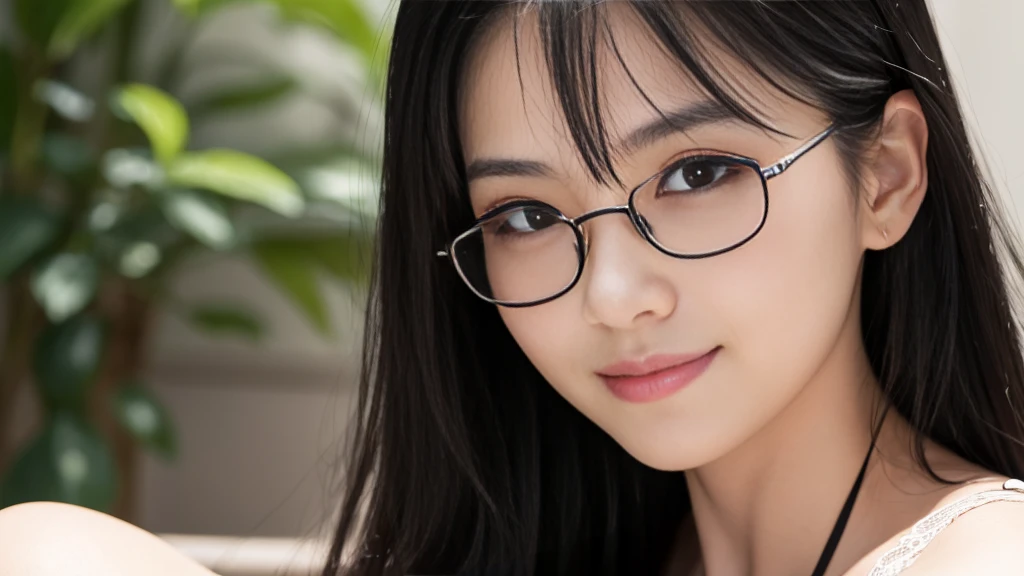 Realistic, masterpiece, highest quality, Highest Resolution, A portrait of a Japanese woman, depicting only the upper body, portrait background, A happy smile, slightly turned to the side, Always watching the audience, Beautifully detailed eyes, Dark Eyes, Looks sleepy, Sparkling eyes, (hidden creased eyelids:1.2), Thin eyebrows, Carefully draw eyelashes, Natural Makeup, (long hair, Black Hair:1.3), Detailed face, (Close up on face:1.2), (Sexy lingerie), Glasses