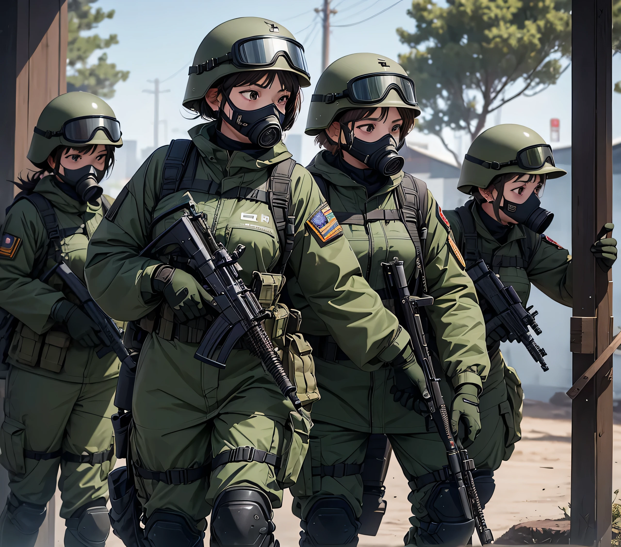 A group of female special forces soldiers saluting side by side、All wearing dark green M-51 military uniforms、Wear a steel helmet、Wear goggles、wearing gas masks、Knee pads、Write details、masterpiece、best quality、Highly detailed CG、8K quality