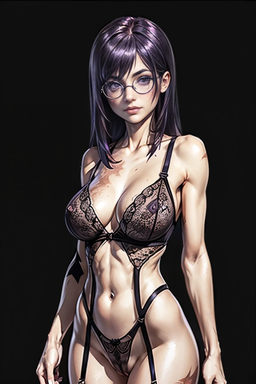 8k, perfect and deep shadows, detailed eyes, full body shot, high quality picture, high detailed background, HD shadows, masterpiece, older girl, 1 girl, (glasses:1.2), (skinny and fit body:1.2), (slim waist), (narrow hips:1.1), (slender legs:1.1), (see through lingerie:1.2), perfect breasts, tight breasts pressed against each other, camel toe, tight lingerie bra, very short asymmetrical haircut, dark purple hair, purple eyes, seductive light smile, (burn scar on the right side of the face:1.3), (burn scar on the right side of the body:1.3), (clear left side of the body:1.2), hair over right eye, (disheveled hair:1.2), hanako, hair over one eye