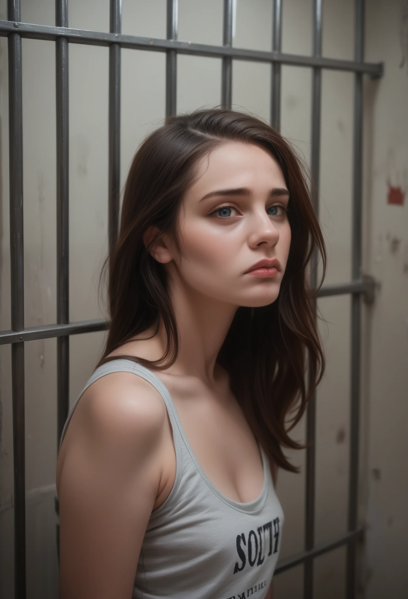 1 female prisoner, 30 years old, Square face, Long hair, Looking at viewer, jewelry, Realistic, Sexy, American prison costume, prisoner costume, prison cell background, handcuffed, free pose