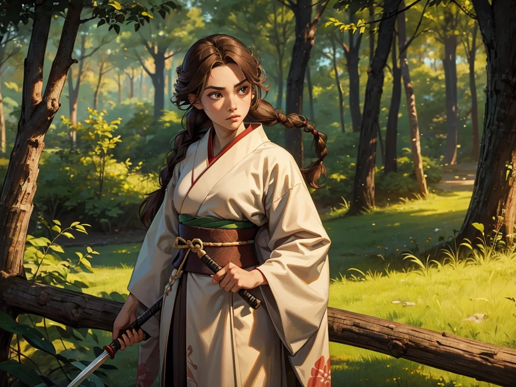A young samurai, wearing a kimono. In her hands she holds a dark spear, and her light brown hair is tied in a braid. at the forest.