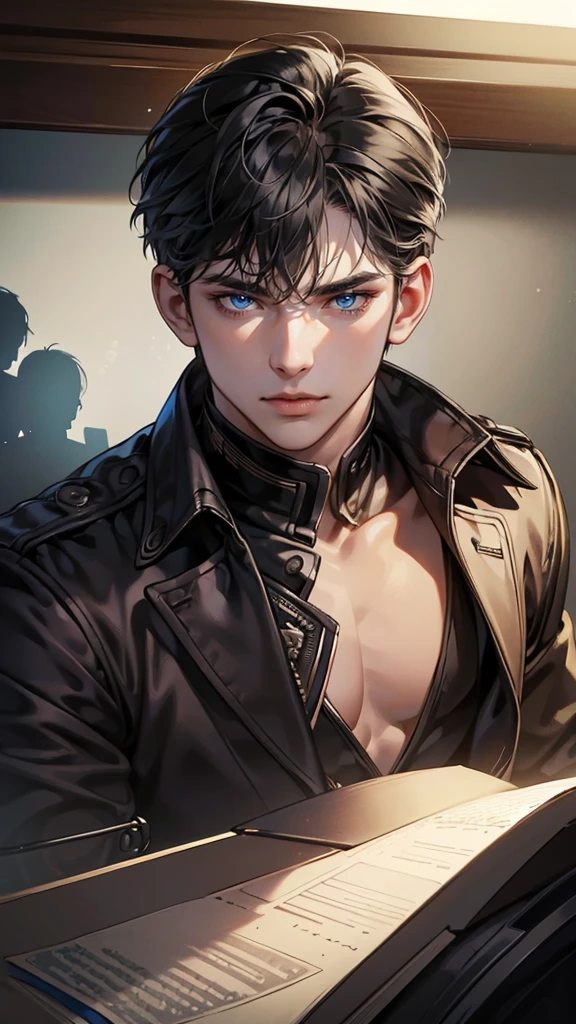 ((masterpiece)),(((best quality))), (Detailed lighting) (Detailed shadows), (high quality, thrilling),(Expressive eyes, Perfect face), 1 person, Solitary, male, High target, (Mature), Shoulder, muscular, #13: Short Black Hair with Soft Bangs (Bangs parted from the side 3:7. Ratio), blue eyes, No smiling allowed, Black suit, Black Tie, Amaryllis flower background, Flower petals flying, windy, View Viewer