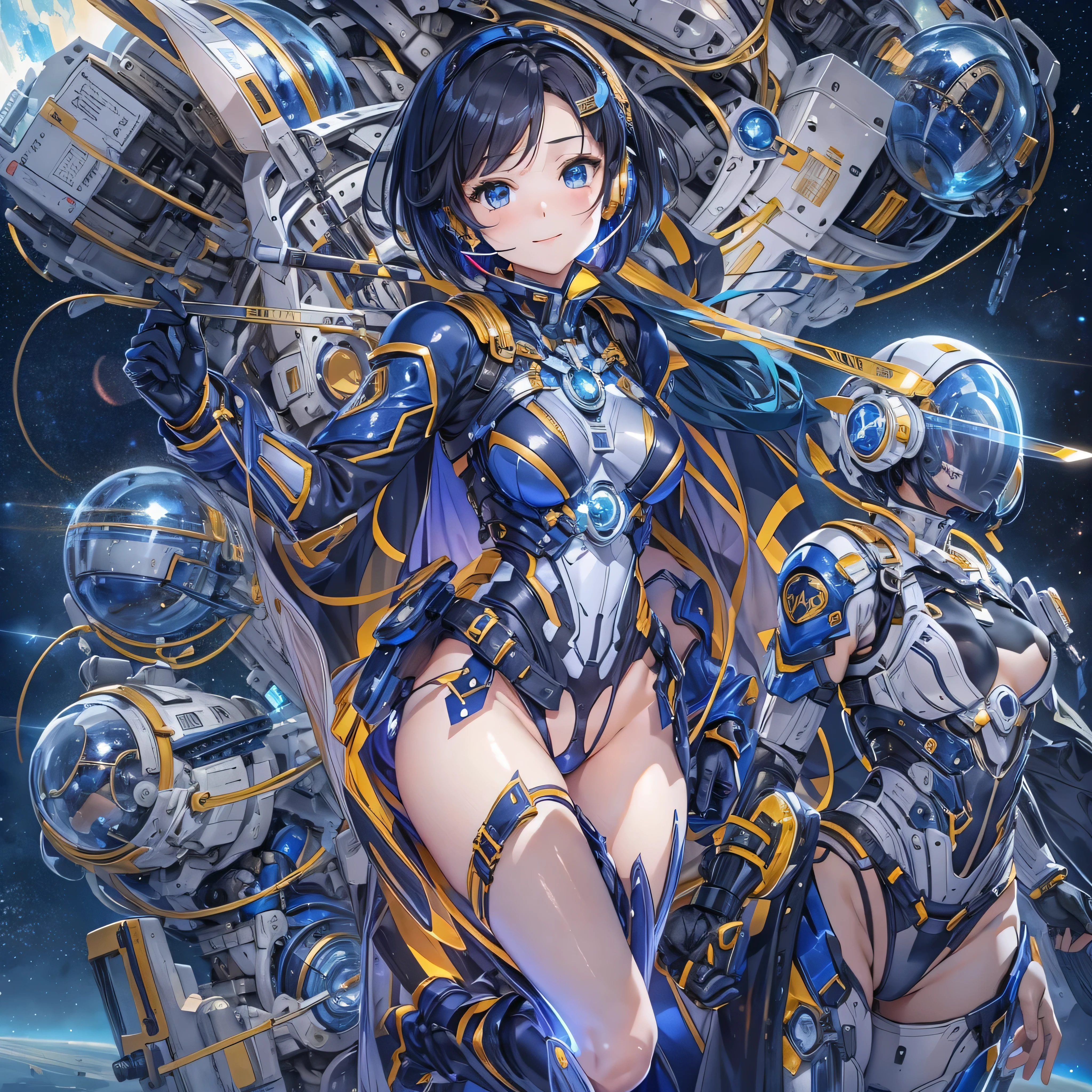 (masterpiece、Highest quality、Highest Resolution、Clear_image、Detailed details、Angle from above): (Whole body、One 20 year old girl、Japanese Faces、Small Face、Slender、Navy blue super short bob cut hair、(Hidden small breasts:1.3)、Sparkling blue eyes、Shiny pilot suit in blue and black colors、Chest protection armor、Tight fitting clothes、Clothing that covers the whole body、Glamorous clothes、Tight Fit Pants、Hide your skin、Very delicate and beautiful、Detailed Skin、hide thighs、Hide your ass、Cute、A gentle smile、Soft expression、heroine、headset、Knee-high boots、Elbow-length gloves、Eye Level Shot、Face directly、Woman on a spaceship)