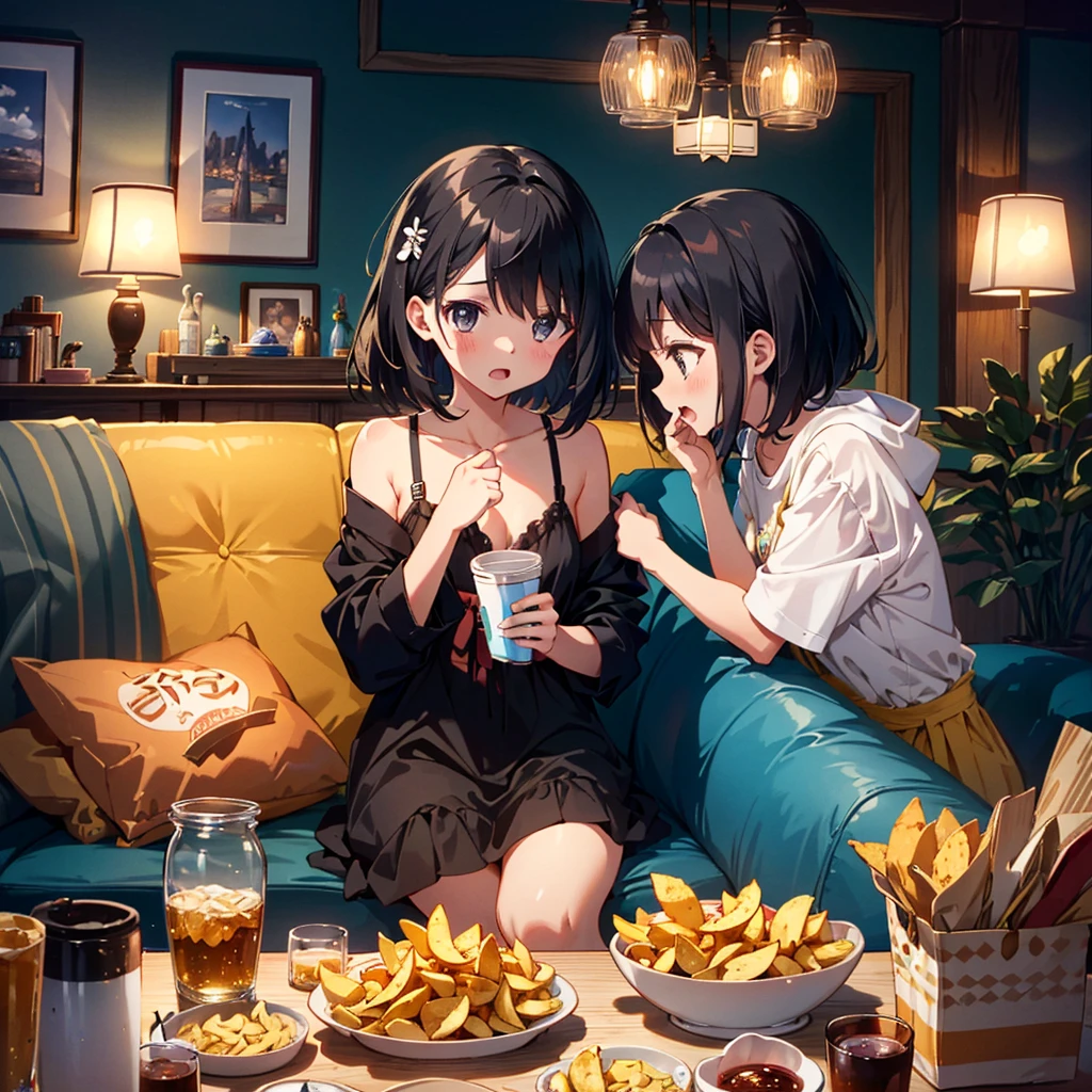 {{{Masterpiece, highest quality, high resolution background}}}, bright and beautiful atmosphere, 1 girl (, 1 short-tempered round face), small breasts, on the sofa in the living room, girls fighting over a bag of potato chips , the bag of potato chips rips open and the Nakano potato chips fly into the air, a girl looks panicked, "deltamon_sdXL :0.73) >Deltamon"
