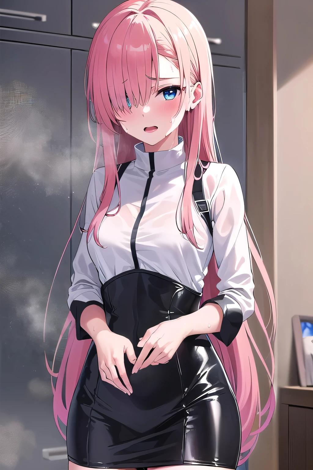 (highres), (absurdres), (best quality), (high quality), (masterpiece), 1girl, asuna, blue eyes, long hair, hair over one eye, very long hair, light pink hair, (medium breasts), beautiful black latex dress, looking at viewer, 8K HD RTX, (looking at viewer, standing at attention, cowboy shot), BRAKE (sweat:1.5), (steam:1.2), (masturbation:1.2), (girl trembling with sexual climax:1.1), (looking at viewer:1.3), (open mouth:1.2)