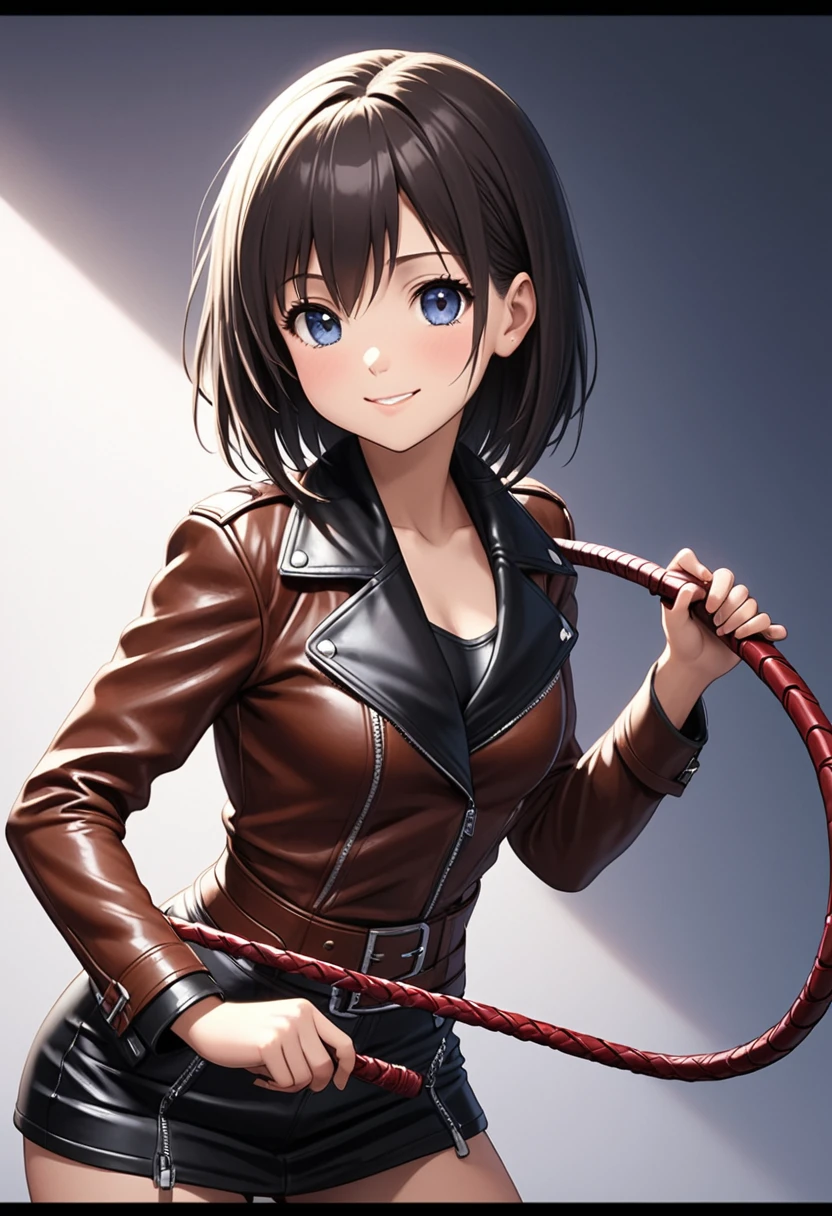 (((Pixel Perfect,Perfect in every detail))), A girl ,smile,Leather costume,NSWF,A cute leather whip,whip,cinematic,whipを手に持っている,