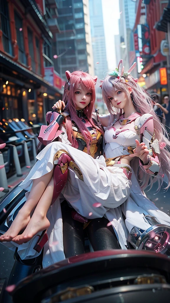 1 girl, full body esbian,sat down,dramatic lighting,Pink Mecha,honey mecha,ホワイトPink Mecha,pink long hair,white long hair,small breasts,clothes fit the body,skin as white as snow, face,The most delicate face,naked thighs,8k wallpaper,master piece,best quality,smile,feet,put your foot on the bear,bear pillow