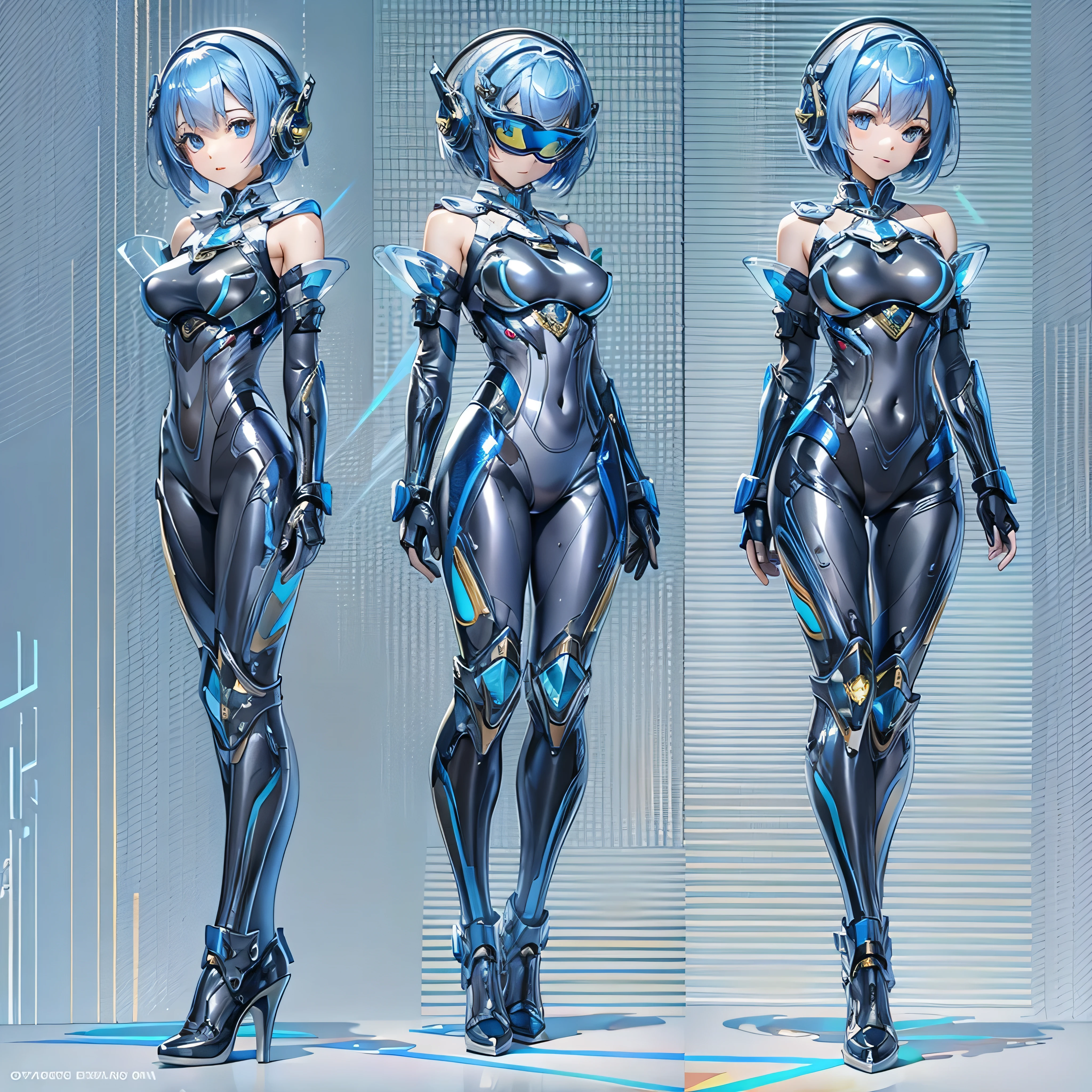 ((Holographic glow effect)),(masterpiece、Highest quality、Highest Resolution、Clear_image、Detailed details、Angle from above): (Whole body、One 20 year old girl、Japanese Faces、Small Face、Slender、Navy blue super short bob cut hair、(Hidden small breasts:1.3)、Sparkling blue eyes、Shiny pilot suit in blue and black colors、Chest protection armor、Tight fitting clothes、Clothing that covers the whole body、Glamorous clothes、Tight Fit Pants、Hide your skin、Very delicate and beautiful、Detailed Skin、hide thighs、Hide your ass、Cute、A gentle smile、Soft expression、heroine、headset、Knee-high boots、Elbow-length gloves、Eye Level Shot、Face directly、Woman on a spaceship)