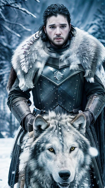 Cinematic poster of Jon Snow holding a sword, accompanied by a white wolf, in the snow. (HDR: 1.4), (cinematic lighting: 1.4), masterpiece, ultra realistic 8K, perfect art, intricate details, sharp focus, detailed face, lights and shadows, vivid colors, award-winning photography, hyperrealistic.