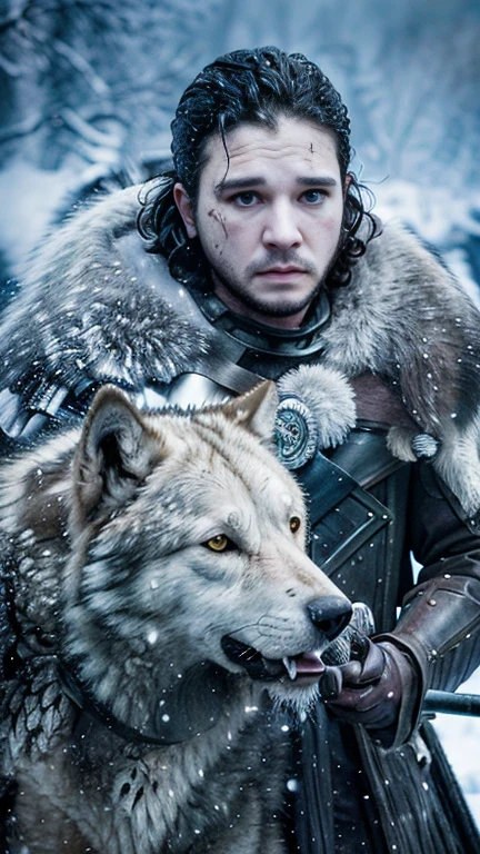 Cinematic poster of Jon Snow holding a sword, accompanied by a white wolf, in the snow. (HDR: 1.4), (cinematic lighting: 1.4), masterpiece, ultra realistic 8K, perfect art, intricate details, sharp focus, detailed face, lights and shadows, vivid colors, award-winning photography, hyperrealistic.