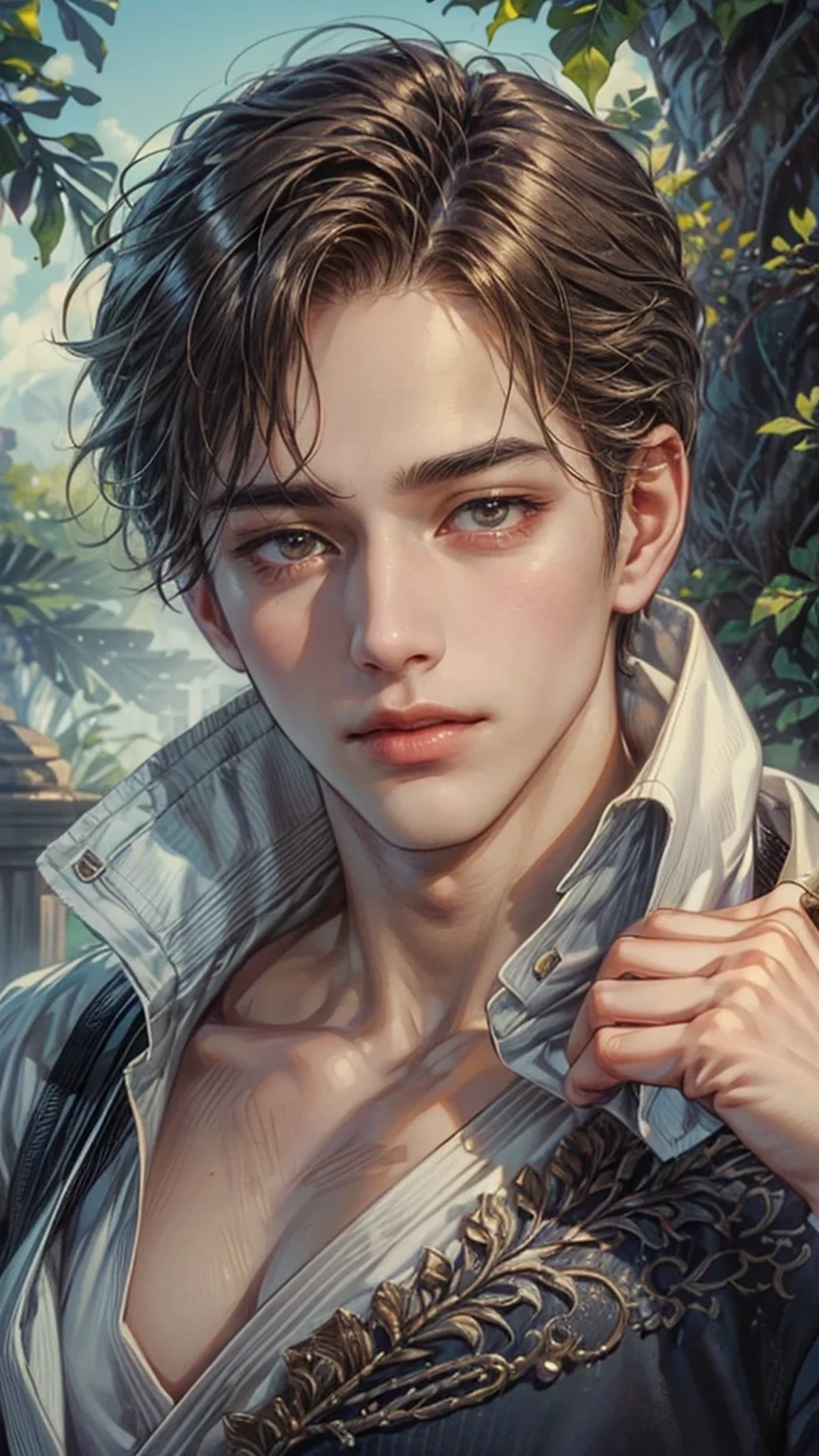 ((best quality)), ((masterpiece)), (detailed), ((Perfect face)), ((Half Body)) Handsome face, male, ,  Perfect proportion , Webtoon《The Liar and His Lover》Role in, Brown short hair, male version , detailed workshop background, detailed scenery background 