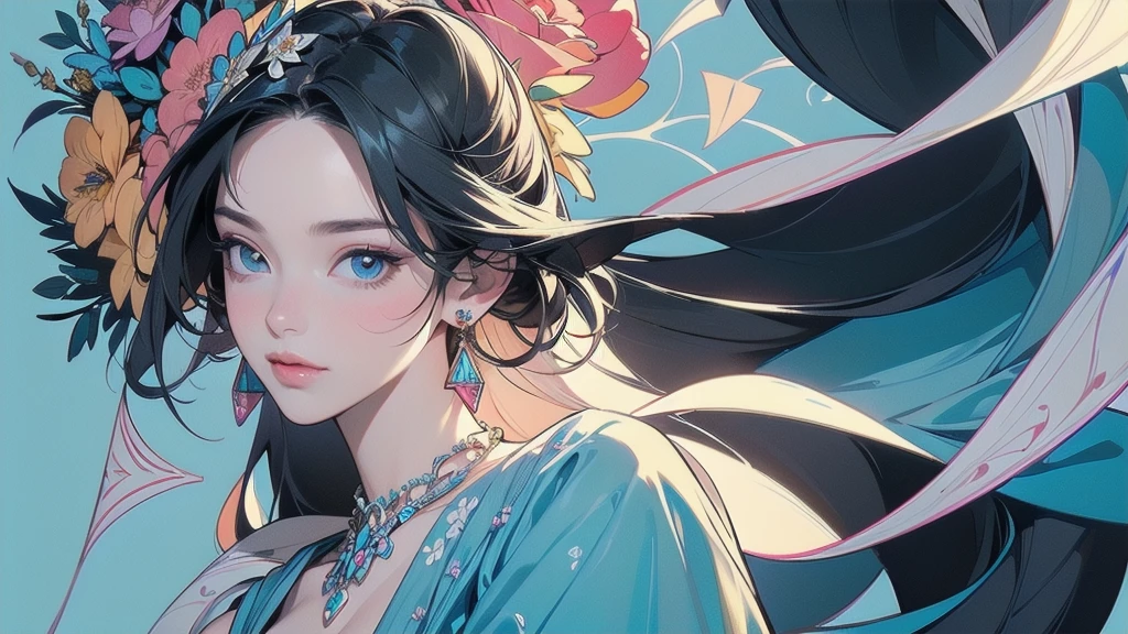 32K, 最高quality, 最高masterpiece, (ultra-Detailed Background, Detailed Background), High resolution, Super detailed, Very detailedな, One girl, (bouquet:1.3), (Tangled:1.2), (Geometric:1.2),(colorful),(masterpiece, quality, best quality, Official Art, Beautiful and beautiful:1.2), (1 girl:1.3), Very detailed,(colorful:1.1)(Flowers:1.3),Most detailed,(Tangled:1.2), whole body, (Abstract background:1.3), (Skin glows), (Many colors:1.4), ,(Earrings Jewelry:1.5), Light Blue Background, I read a book,