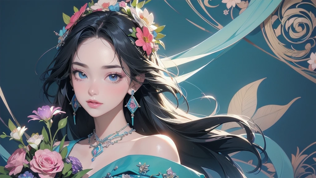 32K, 最高quality, 最高masterpiece, (ultra-Detailed Background, Detailed Background), High resolution, Super detailed, Very detailedな, One girl, (bouquet:1.3), (Tangled:1.2), (Geometric:1.2),(colorful),(masterpiece, quality, best quality, Official Art, Beautiful and beautiful:1.2), (1 girl:1.3), Very detailed,(colorful:1.1)(Flowers:1.3),Most detailed,(Tangled:1.2), whole body, (Abstract background:1.3), (Skin glows), (Many colors:1.4), ,(Earrings Jewelry:1.5), Light Blue Background, I read a book, 