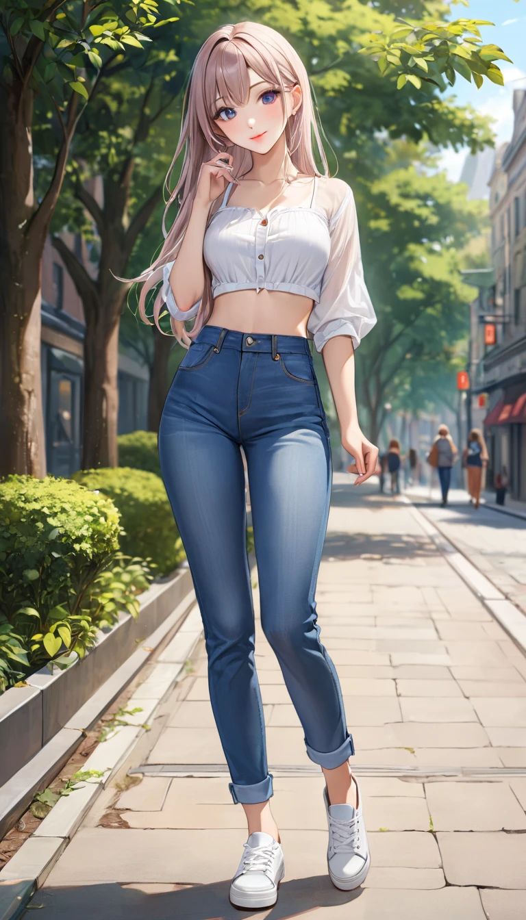 ((best quality, masterpiece:1.3, 8K)), (detailed), highly detailed face and skin texture, detailed eyes, full body, outdoor, (slender body:1.1), 1girl, (solo), (18+ years old), white skin, bright lips, seductive smile, long hair, edgy outfit, medium breast, (jeans pants),