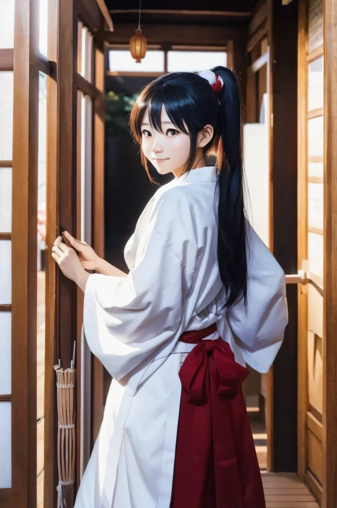 a japanese girl in miko clothes cleaning the entrance of the Temple, black hair, long hair, ponytail, white robe, (red hakama;1.45), straw broom, Tsurugaoka Hachimangu Temple, cute, kawaii, beautiful, smile posing, looking at viewer, (masterpiece, best quality:1.5) ,high resolution, extremely detailed, trending on pixiv, masterpiece, cinematic lighting, (anime art style:1.45),