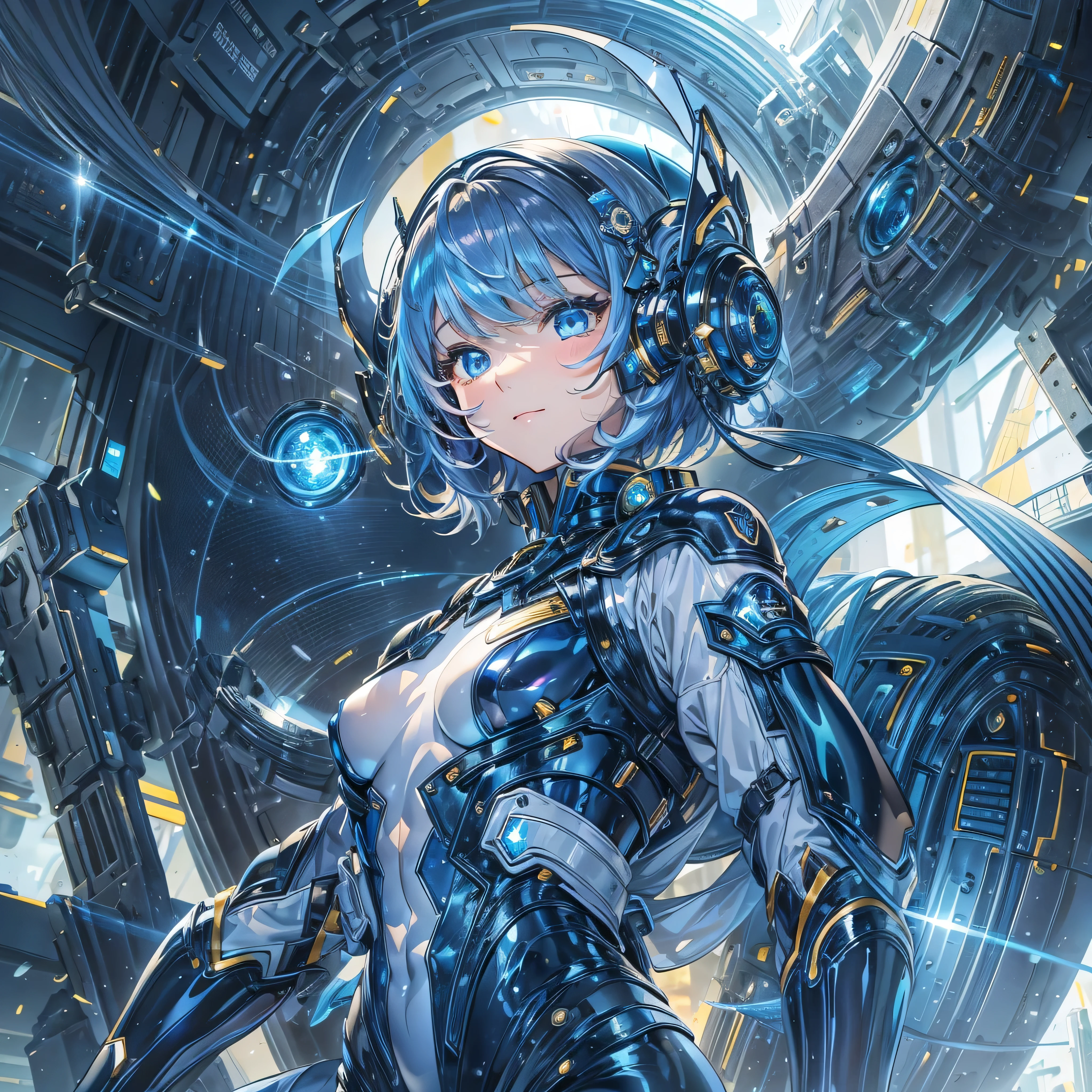 ((Holographic glow effect)),(masterpiece、Highest quality、Highest Resolution、Clear_image、Detailed details、Angle from above): (Whole body、One 20 year old girl、Japanese Faces、Small Face、Slender、Navy blue super short bob cut hair、(Hidden small breasts:1.3)、Sparkling blue eyes、Shiny pilot suit in blue and black colors、Chest protection armor、Tight fitting clothes、Clothing that covers the whole body、Glamorous clothes、Tight Fit Pants、Hide your skin、Very delicate and beautiful、Detailed Skin、hide thighs、Hide your ass、Cute、A gentle smile、Soft expression、heroine、headset、Knee-high boots、Elbow-length gloves、Eye Level Shot、Face directly、Woman on a spaceship)