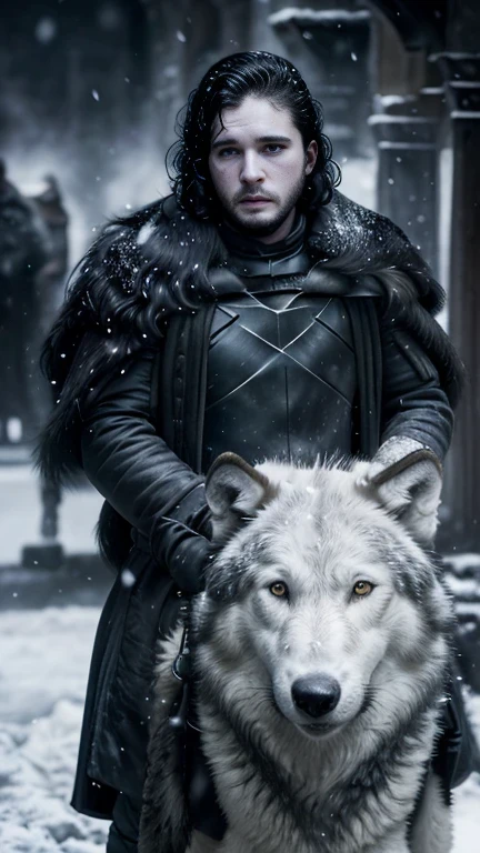 Cinematic poster of Jon Snow holding a sword, accompanied by a white wolf, in the snow. (HDR: 1.4), (cinematic lighting: 1.4), masterpiece, ultra realistic 8K, perfect art, intricate details, sharp focus, detailed face, lights and shadows, vivid colors, award-winning photography, hyperrealistic.