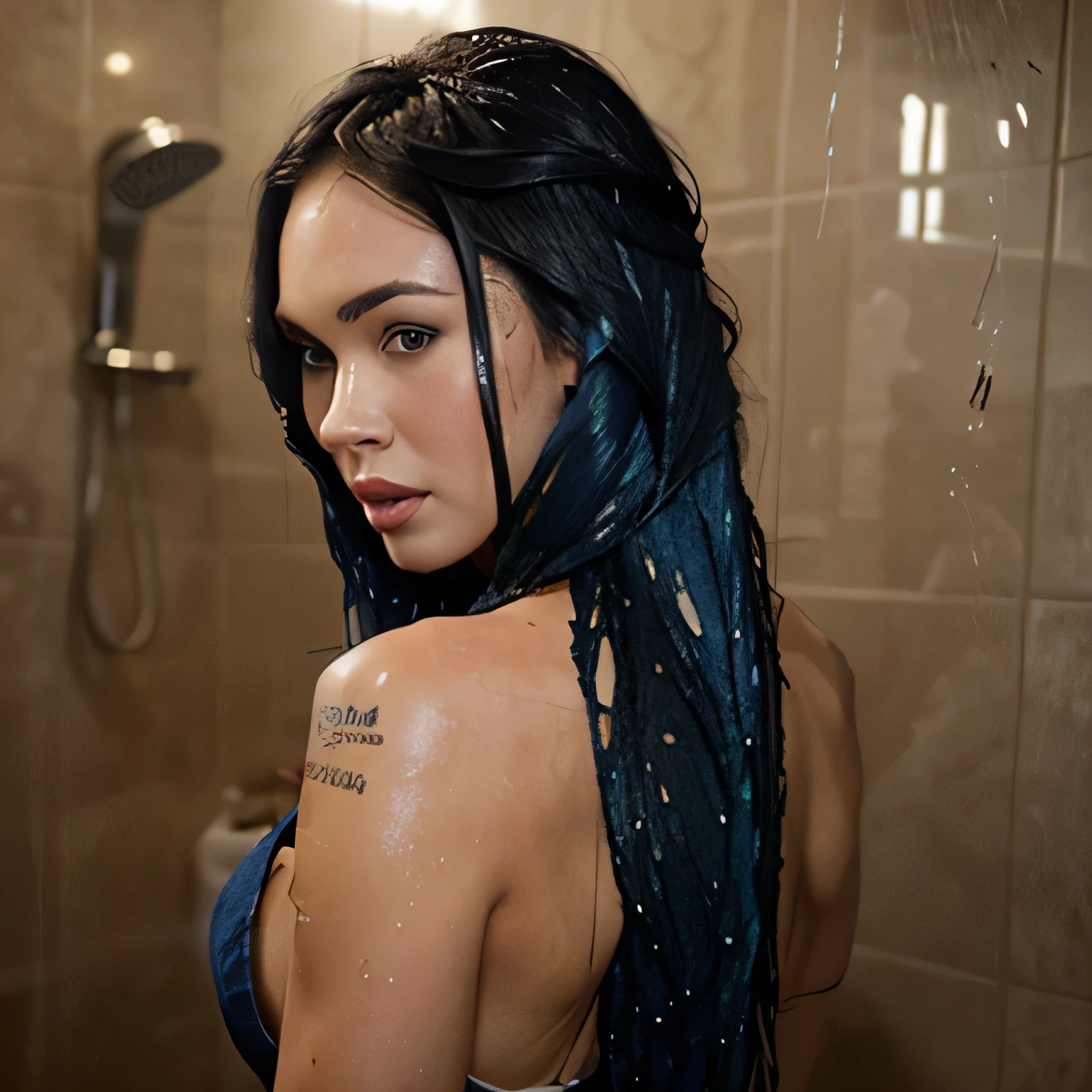 arafed naked woman with long black hair with deep blue highlights in a shower, (((back to camera))), flowing black hair, with black hair, photo of a beautiful woman, long flowing black hair, black golden hair, curly black hair, beautiful young asian woman, beautiful asian woman, wild ginger hair, black wispy hair, light black hair, a young asian woman, an asian woman, infp young woman, full body photo of a ((24-year-old)) french girl in RAW UHD format Details (textures! , Hair! , glistering, Color!! , imperfections: 1.1), DSLR Lighting, SLR camera, Ultra-Quality, sharpness, Film grain , Fujifilm XT3, Crystal clear, Frame Center,, ((sharp-focus)), bokeh (dimly lit), detailed skin pores, oilly skin, suntan, (((showering))). ((arms over her head in her hair)), (((full body image))), (distance), buttocks, legs
