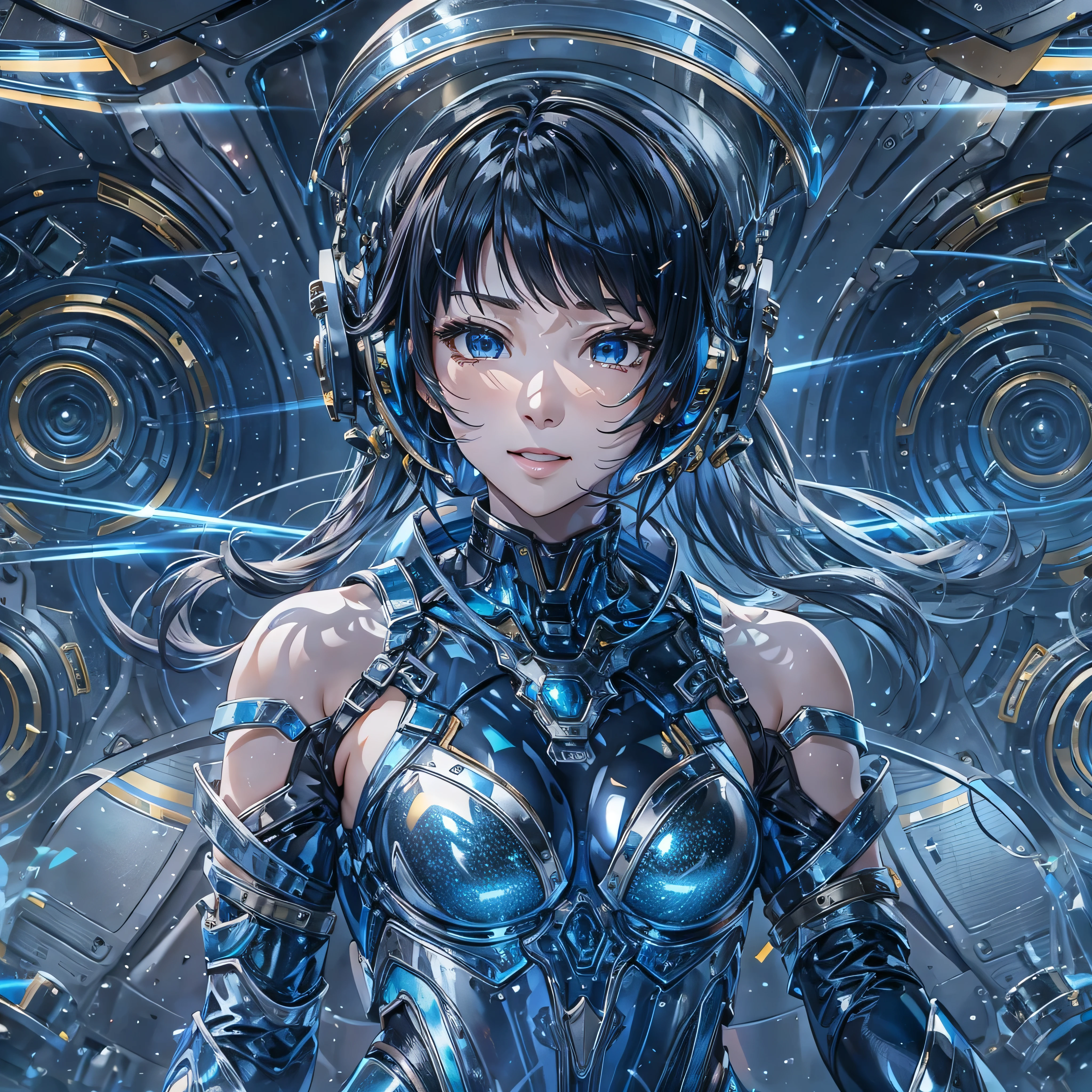 ((Holographic glow effect)),(masterpiece、Highest quality、Highest Resolution、Clear_image、Detailed details、Angle from above): (Whole body、One 20 year old girl、Japanese Faces、Small Face、Slender、Navy blue super short bob cut hair、(Hidden small breasts:1.3)、Sparkling blue eyes、Shiny pilot suit in blue and black colors、Chest protection armor、Tight fitting clothes、Clothing that covers the whole body、Glamorous clothes、Tight Fit Pants、Hide your skin、Very delicate and beautiful、Detailed Skin、hide thighs、Hide your ass、Cute、A gentle smile、Soft expression、heroine、headset、Knee-high boots、Elbow-length gloves、Eye Level Shot、Face directly、Woman on a spaceship)