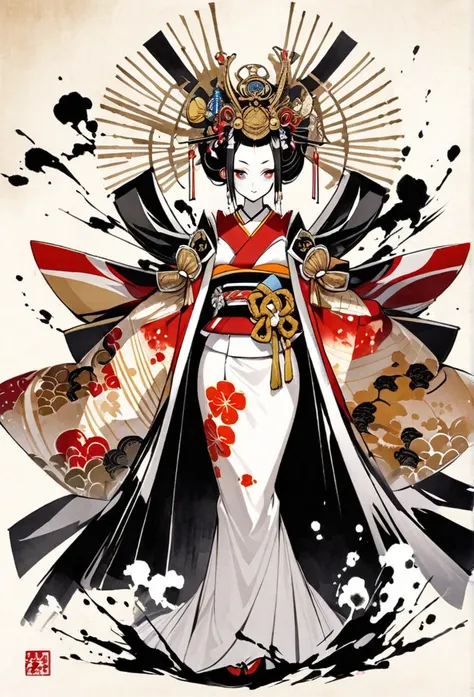 ink and ink painting,black and white painting,splash,,whole body,oiran,(gorgeous costumes,kimono,kimono,)oiran&#39;s hair access...