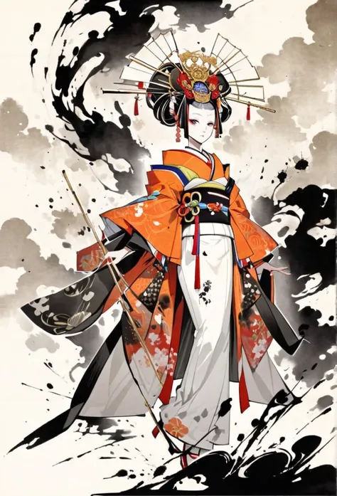 ink and ink painting,black and white painting,splash,,whole body,oiran,(gorgeous costumes,kimono,kimono,)oiran&#39;s hair access...