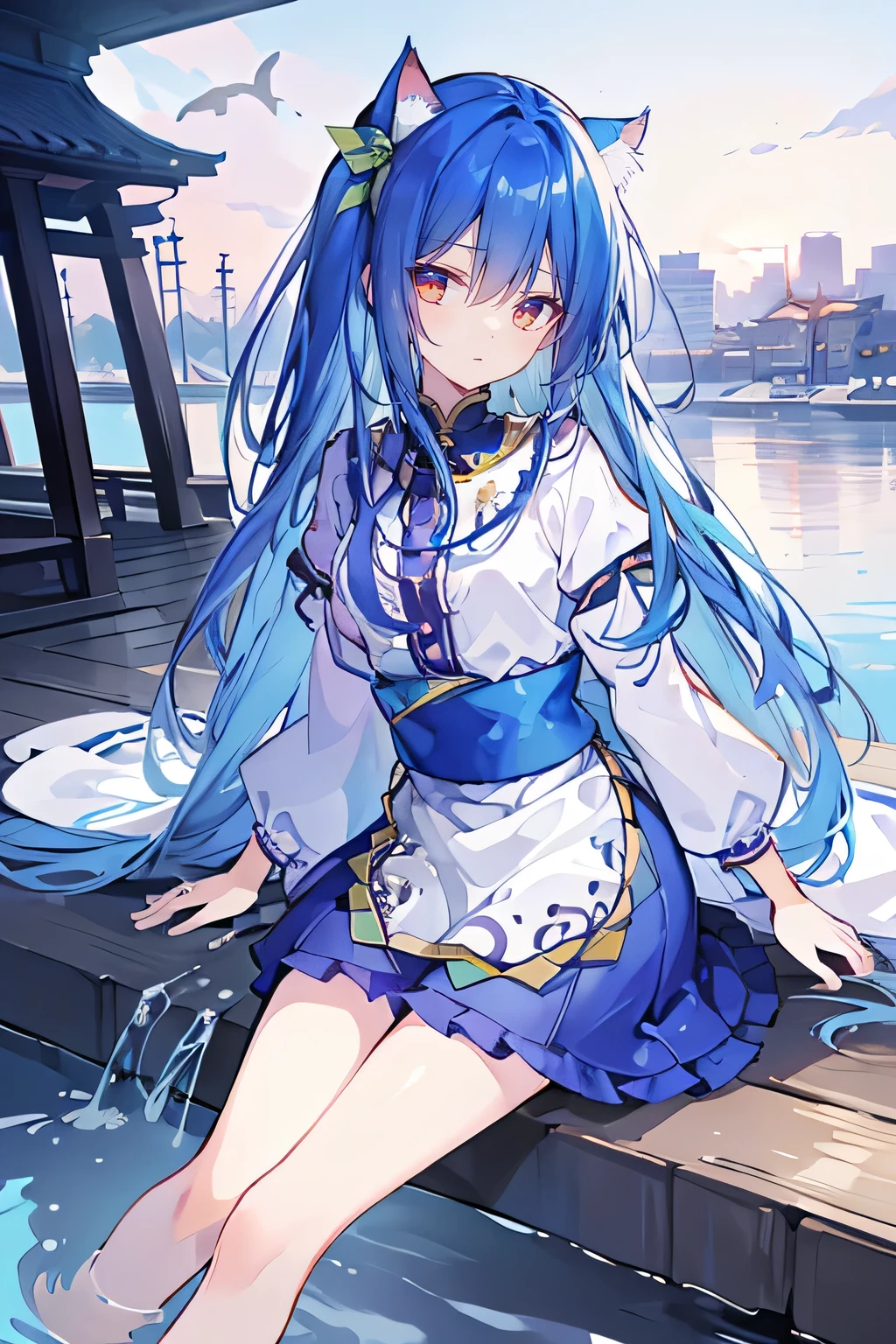 (masterpiece:1.2),Ultra-detailed,lifelike,The eyes are expressive,Fair skin,Perfect face shape,1 girl,
Japanese Manga,Gorgeous blue hair,Flowing blue hair,Flowing clothes,Cat's ears,Petals falling,Beautiful Lola,little angel,
Cross your legs,Gentle and peaceful background,The pavilion is cool and comfortable,Smile,Tokyo background,background,snow,winter,Back。