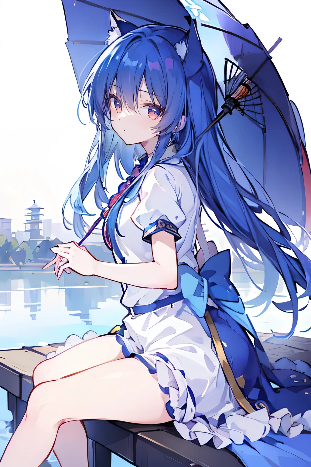 (masterpiece:1.2),Ultra-detailed,lifelike,The eyes are expressive,Fair skin,Perfect face shape,1 girl,
Japanese Manga,Gorgeous blue hair,Flowing blue hair,Flowing clothes,Cat's ears,Petals falling,Beautiful Lola,little angel,
Cross your legs,Gentle and peaceful background,The pavilion is cool and comfortable,Smile,Tokyo background,background,snow,winter,Back。