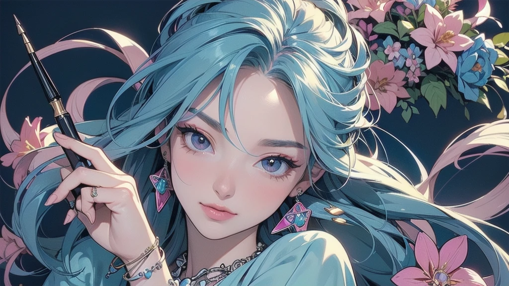 32K, 最高quality, 最高masterpiece, (ultra-Detailed Background, Detailed Background), High resolution, Super detailed, Very detailedな, One girl, (bouquet:1.3), (Tangled:1.2), (Geometric:1.2),(colorful),(masterpiece, quality, best quality, Official Art, Beautiful and beautiful:1.2), (1 girl:1.3), Very detailed,(colorful:1.1)(Flowers:1.3),Most detailed,(Tangled:1.2), whole body, (Abstract background:1.3), (Skin glows), (Many colors:1.4), ,(Earrings Jewelry:1.5), Light Blue Background, I read a book, Holding a pen,