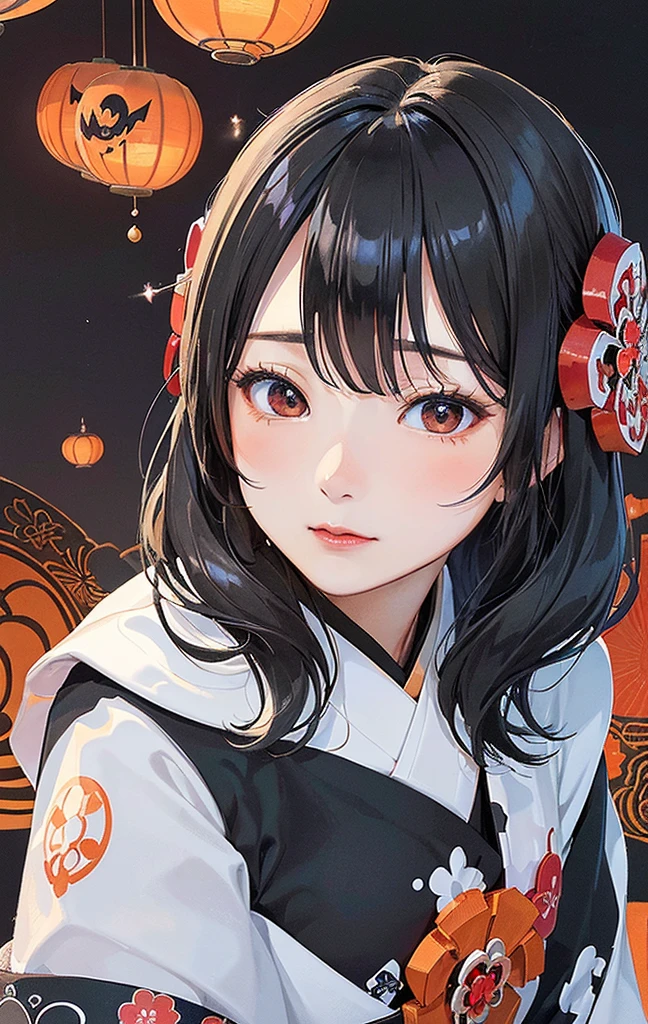 (masuter piece、top-quality、ukiyoe style、Mystical、Beautifully Aesthetic、offcial art、Sharaku:1.2)、(1 girl in:1.3)、(Fractal Art:1.3)、cowboy shot、white and clean skin、(Beautiful black hair、Kimono:1.2)、Traditional performing arts of Japan in the background、highly colorful、(scrollwork、A Japanese style:1.2)、Ghost pumpkin、Halloween
