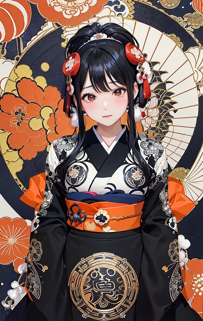 (masuter piece、top-quality、ukiyoe style、Mystical、Beautifully Aesthetic、offcial art、Sharaku:1.2)、(1 girl in:1.3)、(Fractal Art:1.3)、cowboy  shot、white and clean skin、(Beautiful black hair、Kimono:1.2)、Traditional performing arts of Japan in the background、highly colorful、(scrollwork、A Japanese style:1.2)、Ghost pumpkin、Halloween