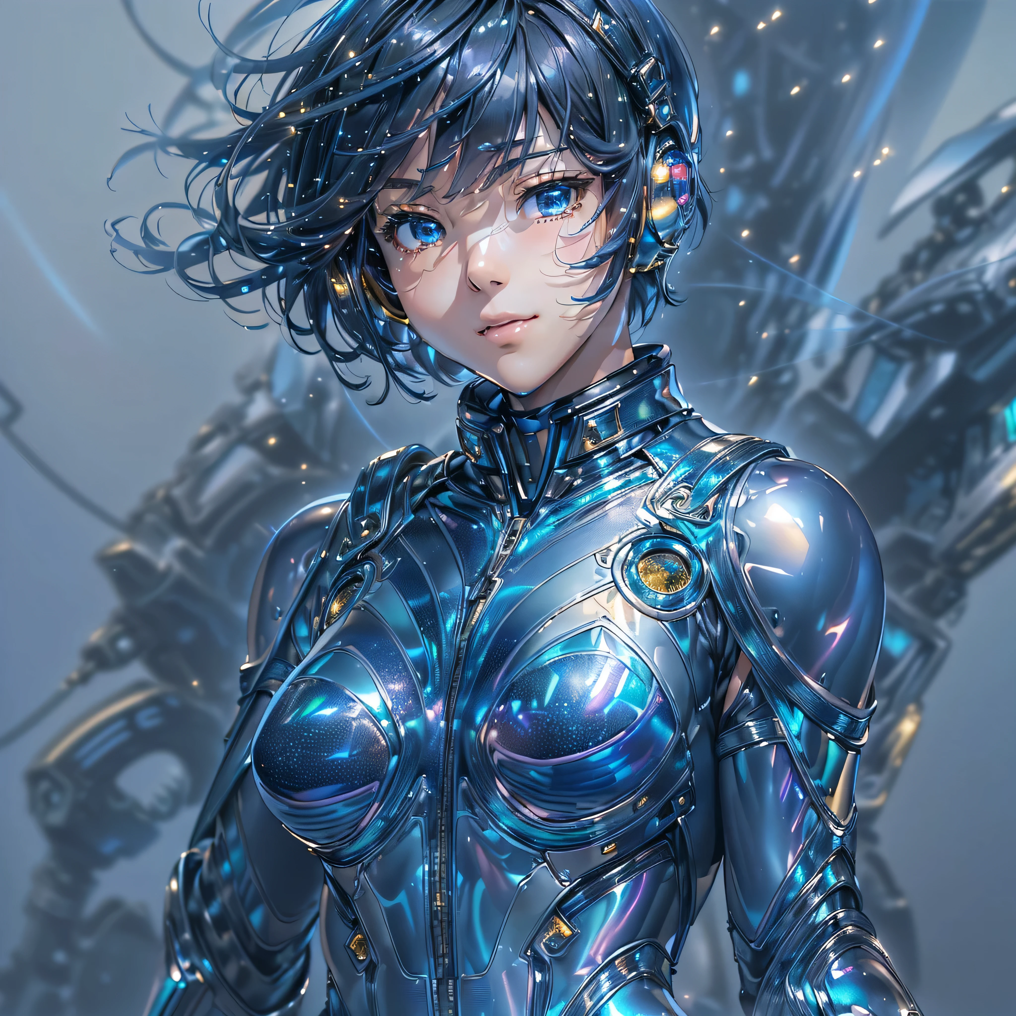 ((Holographic glow effect)),、(masterpiece、Highest quality、Highest Resolution、Clear_image、Detailed details、Angle from above): (Whole body、One 20 year old girl、Japanese Faces、Small Face、Slender、Navy blue super short bob cut hair、(Hidden small breasts:1.3)、Sparkling blue eyes、Shiny pilot suit in blue and black colors、Chest protection armor、Tight fitting clothes、Clothing that covers the whole body、Glamorous clothes、Tight Fit Pants、Hide your skin、Very delicate and beautiful、Detailed Skin、hide thighs、Hide your ass、Cute、A gentle smile、Soft expression、heroine、headset、Knee-high boots、Elbow-length gloves、Eye Level Shot、Face directly、Woman on a spaceship)