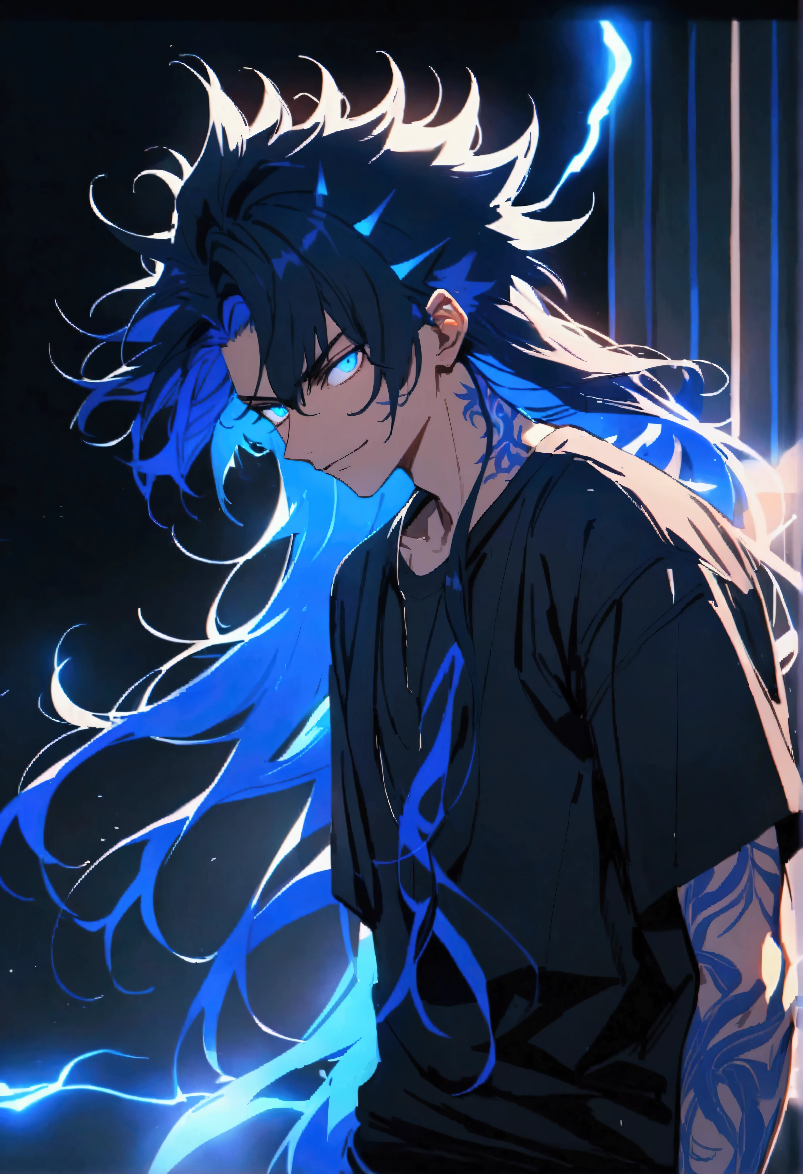 boy, spiky hair, long hair, multicolored black and blue hair, glowing light blue eyes, serious face, simple smile, black loose casual ripped shirt, blue tattoos on the body, electric aura, lot of details, best qualityer