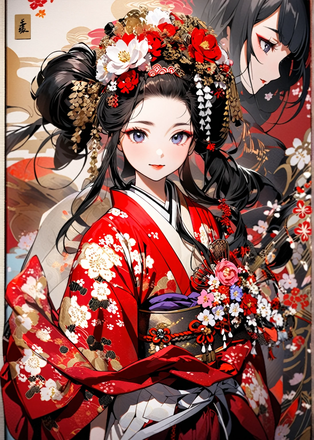 A 12-year-old princess wearing a red kimono and a flower crown, Traditional Japanese, traditional geisha clothing, Japanese women, Wearing Imperial Kimono, japanese geisha, geisha photo portrait, female geisha girl, elegant Japanese women, Japanese Kimono, In kimono, Traditional beauty, Wearing kimono and armor, portrait of geisha, wearing a haori, geisha　She gets an old man&#39;s dick shoved in her pussy