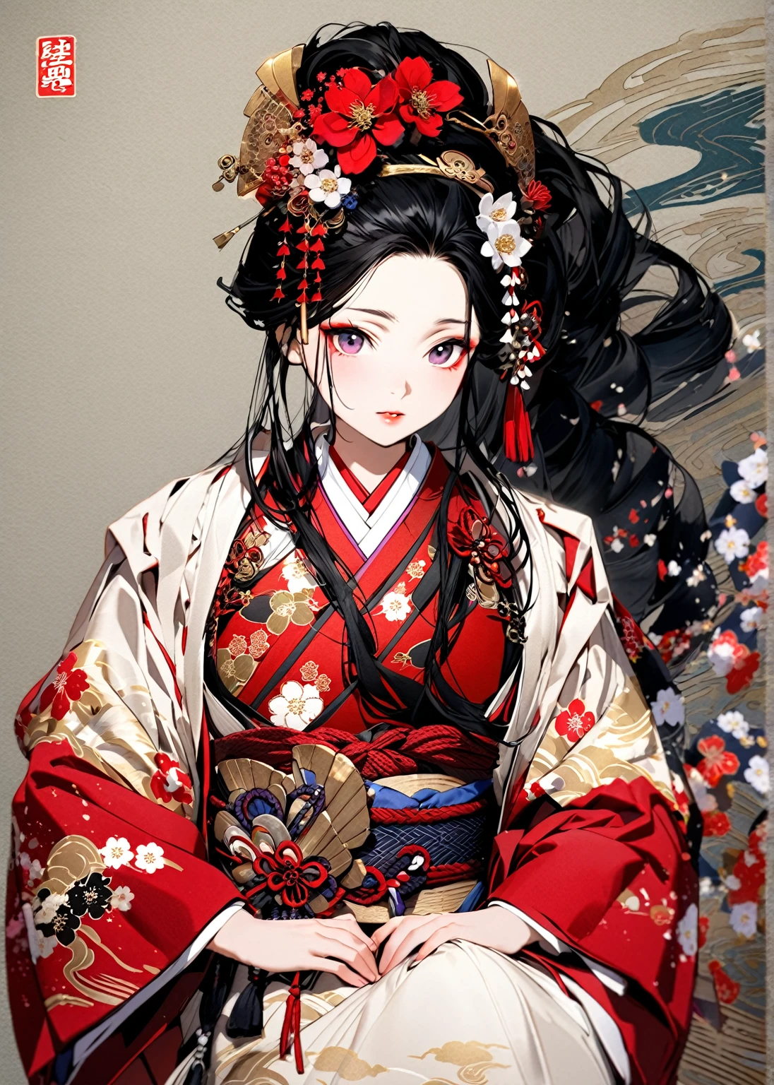 A 12-year-old princess wearing a red kimono and a flower crown, Traditional Japanese, traditional geisha clothing, Japanese women, Wearing Imperial Kimono, japanese geisha, geisha photo portrait, female geisha girl, elegant Japanese women, Japanese Kimono, In kimono, Traditional beauty, Wearing kimono and armor, portrait of geisha, wearing a haori, geisha　She gets an old man&#39;s dick shoved in her pussy