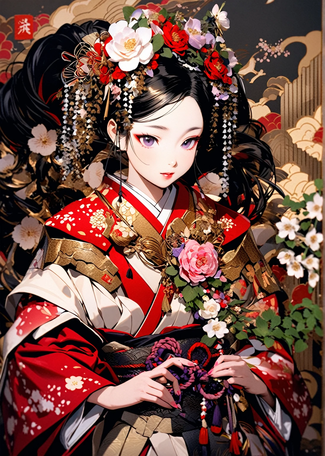 A -yeld press wearing a red kimono and a flower crown, Traditional Japanese, traditional geisha clothing, Japanese women, Wearing Imperial Kimono, japanese geisha, geisha photo portrait, female geisha girl, elegant Japanese women, Japanese Kimono, In kimono, Traditional beauty, Wearing kimono and armor, portrait of geisha, wearing a haori, geisha　She gets an old man&#39;s dick shoved in her pussy