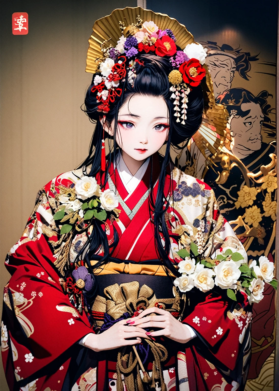 A -yeld press wearing a red kimono and a flower crown, Traditional Japanese, traditional geisha clothing, Japanese women, Wearing Imperial Kimono, japanese geisha, geisha photo portrait, female geisha girl, elegant Japanese women, Japanese Kimono, In kimono, Traditional beauty, Wearing kimono and armor, portrait of geisha, wearing a haori, geisha　She gets an old man&#39;s dick shoved in her pussy