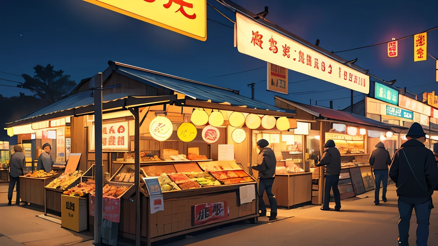 High level of image quality、night market，Stall，Shops，night，nobody，Empty，night market，BBQ stand