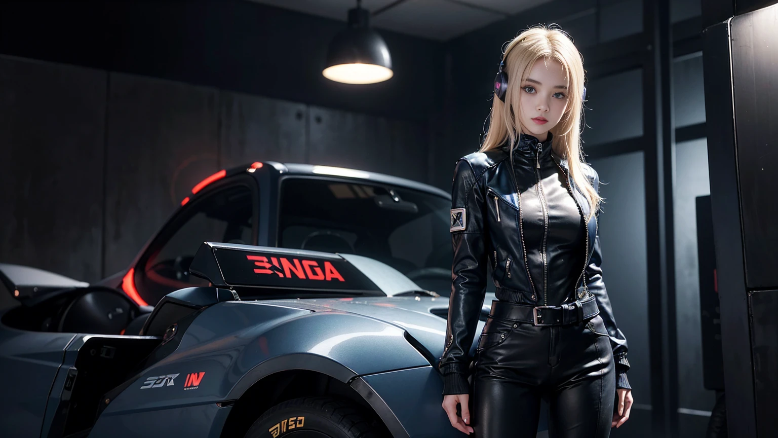Lolita, smile, 20-year-old, ((Highest quality)), ((masterpiece)), (High resolution:1.3), 3d, beautiful (cyber punk:1.3), Stylish woman looking at camera、Black leather jacket, No sleeve, awkward, Invisible Waist Skin, Blue and black leather pants, Silver zipper,Belt under the waist,Superb illustrations,blonde , Show your forehead, Silver Center Zipper, Blue and black leather jumpsuit, Sleeves Blue Black, The Shining, blonde马尾辫,Standing in front,