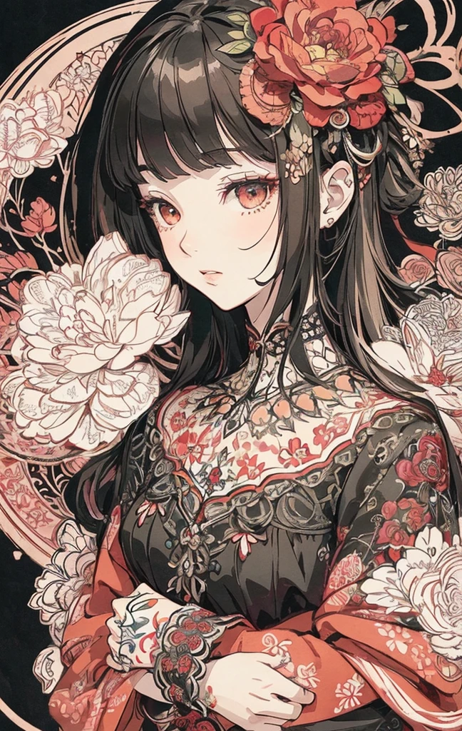 (masterpiece、top-quality、top-quality、Official art、Beautifully Aesthetic:1.2)、(1girl in:1.3)、ighly detailed、(fractal art:1.1)、(Farbe:1.1) (florals:1.3)、(line-drawing)、line-drawing、Pen drawing、zentangle、(Tattoo patterns:1.2)、(complex lines)、(masterpiece)、(top-quality:1.1)、(Ultra-detail)、The best illustrations、finely detail、hand-drawn high quality、highly contrast、(Clean lines:1.3)、ligne claire、(portlate)、(very closeup:1.1)、girly fashion、antique、Red-black、1 girl in、catss、solo、A girl is surrounded by flowers、(intricate-detail:1.3)、(detailedbackground:1.2)、(coloured background:1.1)、Sketched、intricate-detail、hight resolution